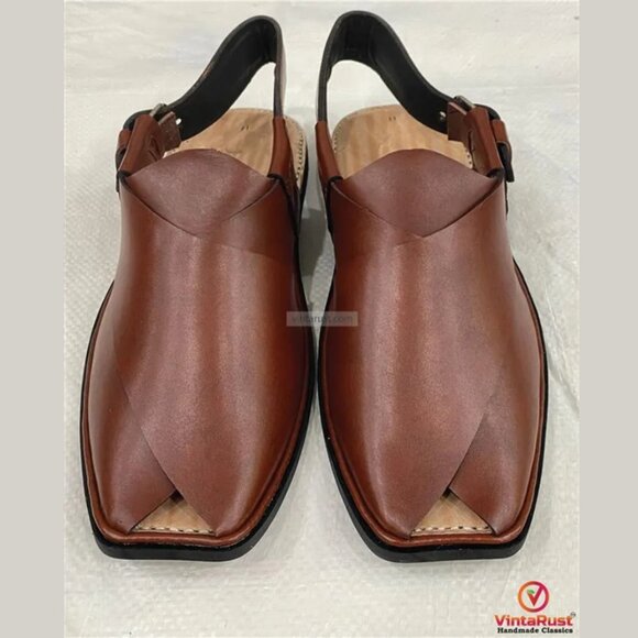 Men’s Brown Leather Peshawari Sandals: Comfortable Casual Footwear - Picture 2 of 8